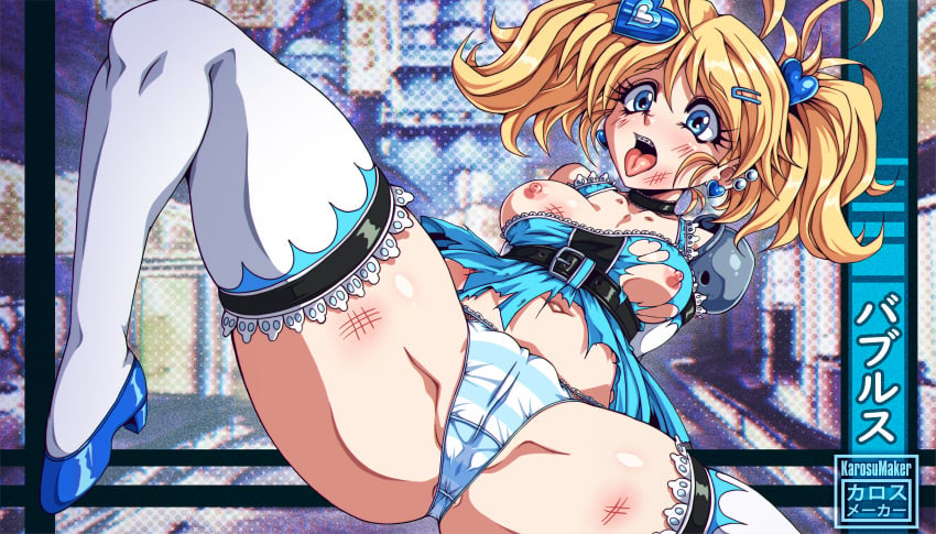 1girls absurd_res alternate_costume arms_behind_back artist_name belt blonde_hair blue_eyes blush breasts breasts_out bubbles_(powerpuff_girls) cameltoe cartoon_network choker crotch earrings erect_nipples exposed_panties hair_ornament heart heart_earrings hi_res japanese_text karosu-maker looking_at_viewer medium_breasts medium_hair navel nipples no_bra open_mouth paid_reward_available panties partially_visible_anus powerpuff_girls scratches shoes solo spread_legs striped striped_panties thick_thighs thighhighs tongue tongue_out torn_clothes twintails