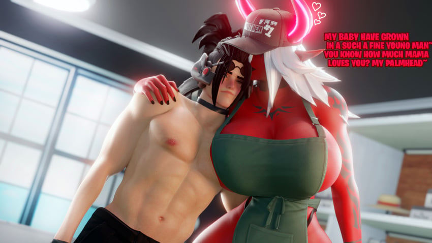 1boy 1girls 3d abs age_difference apron apron_only bangs big_penis black_hair blender demon desdemona_(fortnite) dialogue epic_games family fortnite heart horns kissing_head milf mom_and_son mother_and_son mother_desdemona_(ya_path) red_skin tagme taller_girl tattoos white_hair wide_hips ya_path yoshida_(ya_path)