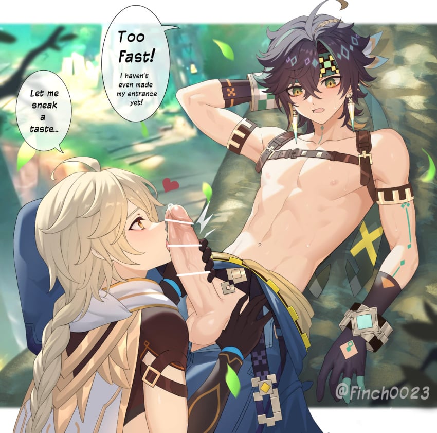 2boys abs aether_(genshin_impact) big_penis blowjob_face blush censored censored_penis colored exposed_penis fellatio finch0023 gay genshin_impact gloves heart kinich_(genshin_impact) licking_penis long_hair male/male male_only open_pants penis topless yaoi