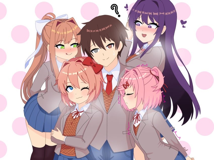 1boy 4girls ? aroused confusion doki_doki_literature_club heart-shaped_pupils heterochromia horny mc_(doki_doki_literature_club!) monika_(doki_doki_literature_club) multiple_girls natsuki_(doki_doki_literature_club) naughty_face pussy_juice sayori_(doki_doki_literature_club) simple_background somnipheromone surrounded sweat thighhighs yandere yuri_(doki_doki_literature_club)