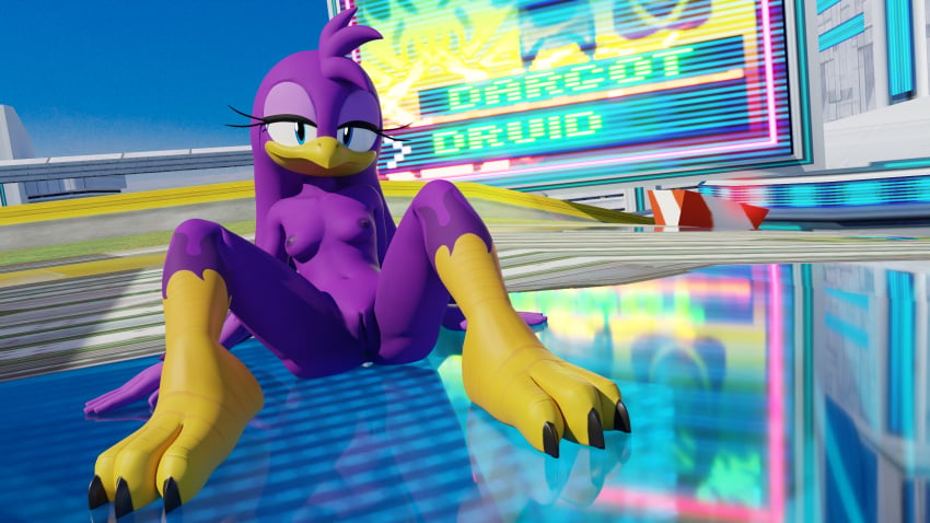 16:9 3d_(artwork) anthro avian beak bird blender blender_cycles blue_eyes breasts claws dargotdruid digital_media eyelashes feathers feet female genitals hi_res hirundinid metal_city_(sonic_riders) oscine passerine purple_body purple_feathers pussy sega sitting small_breasts solo sonic_(series) sonic_riders sonic_the_hedgehog_(series) swallow_(bird) talons toe_claws toes wave_the_swallow widescreen yellow_beak