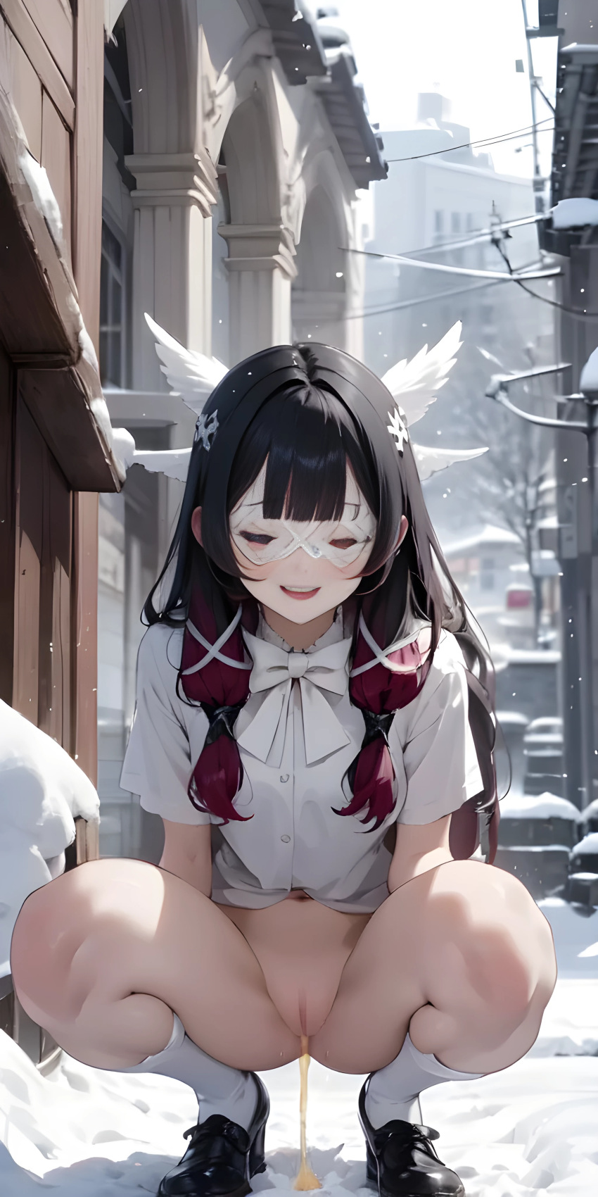 ai_generated black_hair closed_eyes columbina_(genshin_impact) genshin_impact mask peeing pussy red_hair smile snow spread_legs squatting two_tone_hair wings