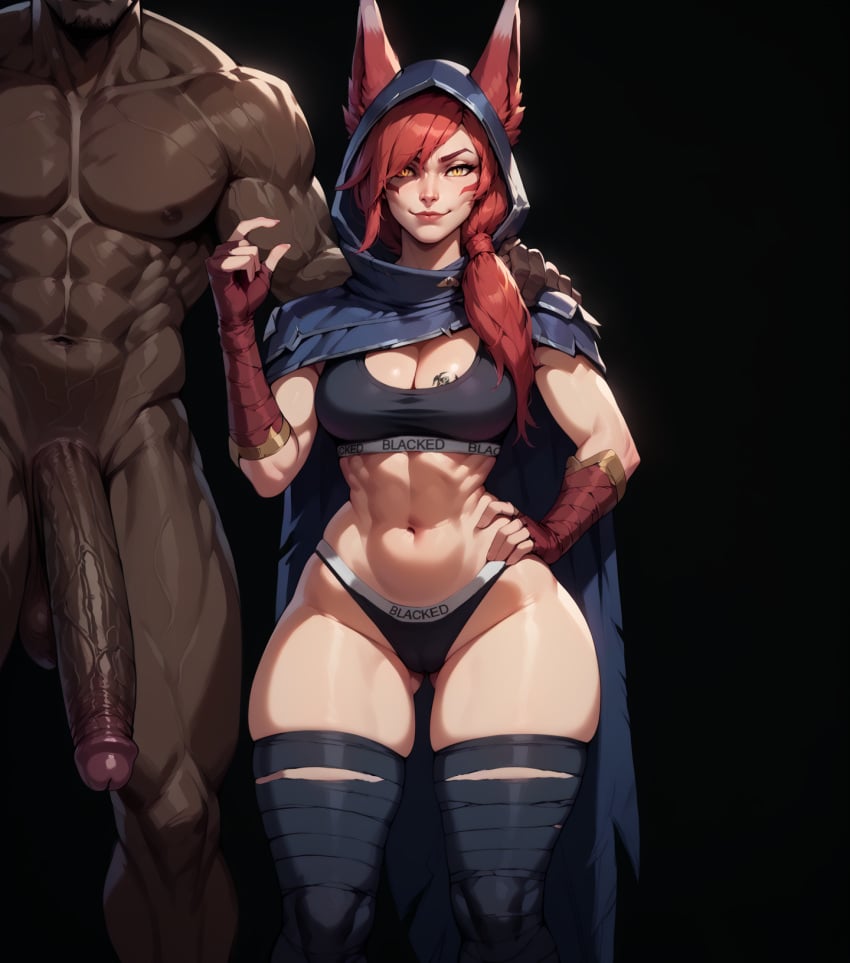 1boy 1girls ai_generated animal_ears bandages black_background blacked blacked_clothing breast_tattoo breasts cleavage cloak dark-skinned_male dark_skin faceless_male female female gloves huge_cock interracial large_penis league_of_legends light-skinned_female light_skin male muscular_male narrow_waist pinching_gesture ponytail precum qos qos_tattoo queensphynx red_hair riot_games slit_pupils small_penis_humiliation smiling_at_viewer smirk sports_bra standing straight underwear vastaya wide_hips xayah yellow_eyes