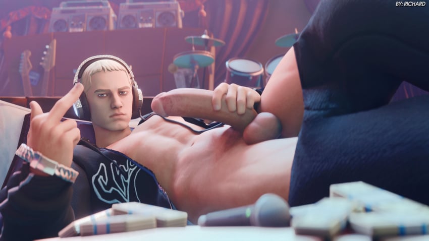 1boy abs eminem eminem_(fortnite) fortnite headphones lying male_focus male_only masturbation middle_finger muscular penis solo sr_richardd tagme undressing