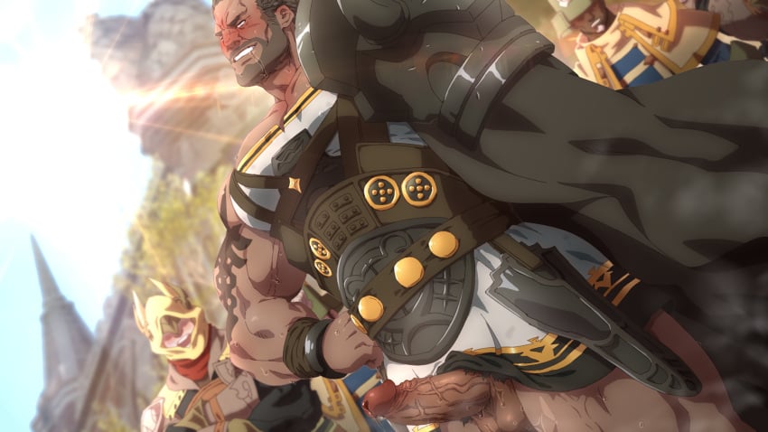 balls bara big_balls big_penis blush bulge clothing daddy final_fantasy final_fantasy_xiv konohanaya male male_only manly mature_male muscular_male penis precum precum_drip raubahn_aldynn