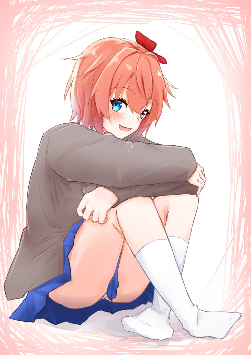 1female 1girls blue_eyes blue_skirt blush blush_lines blushing bow clothed clothes clothing doki_doki_literature_club female female_focus female_only girl hair_bow hairbow happy happy_female just_sayori panties panty_peek red_bow red_hair_bow red_hairbow sayori_(doki_doki_literature_club) skirt socks solo solo_female solo_focus strawberry_blonde_hair tanato7010 white_socks