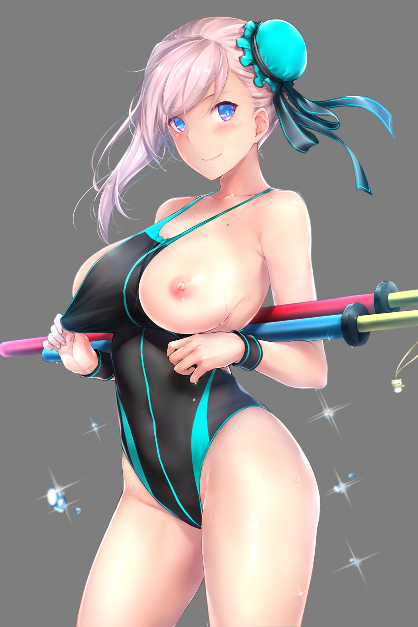 breasts bun_cover fate_(series) female looking_at_viewer miyamoto_musashi_(fate) nipples rei_kun swimsuit swimsuit_pull