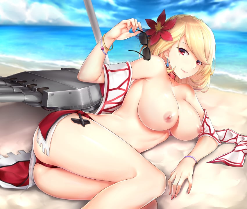 ass azur_lane beach breasts flower_in_hair looking_at_viewer nipples prince_of_wales_(azur_lane) rei_kun sunglasses sunglasses_removed topless