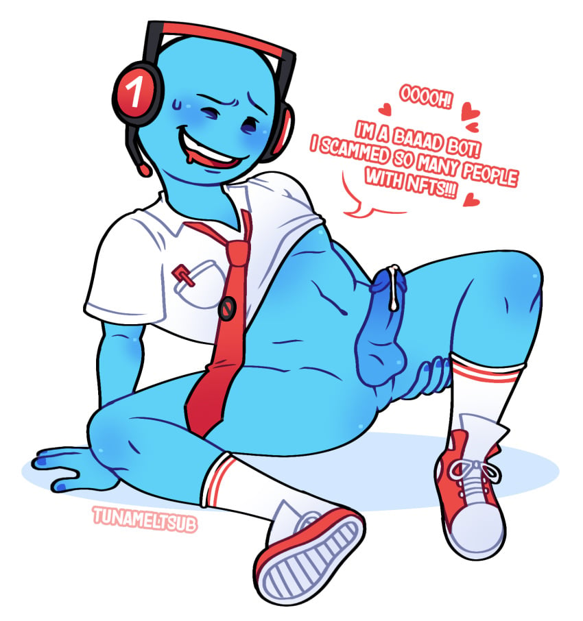 1boy black_eyes blue_skin discord_bot headphones male male_only mee6 office_clothing presenting robot solo spread_legs toony toony_face uniform