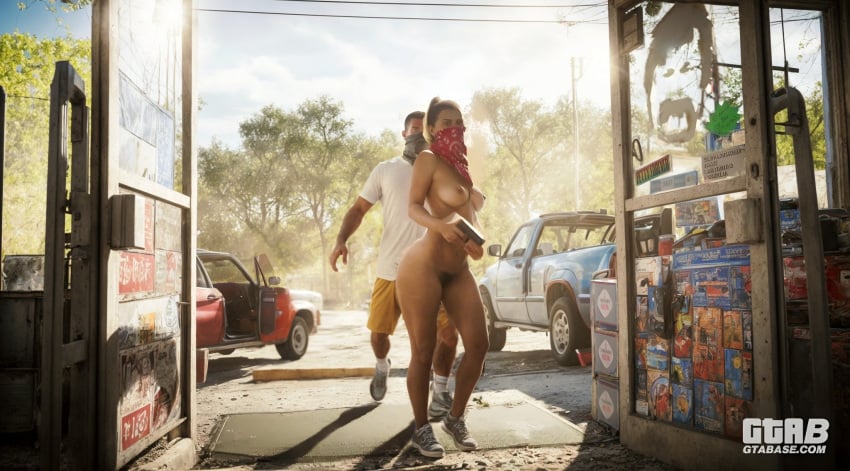 3d ass big_ass big_butt bypapapeak casual edit facewear female firearm footwear grand_theft_auto grand_theft_auto_vi handgun hispanic human jason_(gta) latina latina_female lucia_(gta) male mommy naked_female pale_skin public puerto_rican screenshot_edit tight_clothing weapon