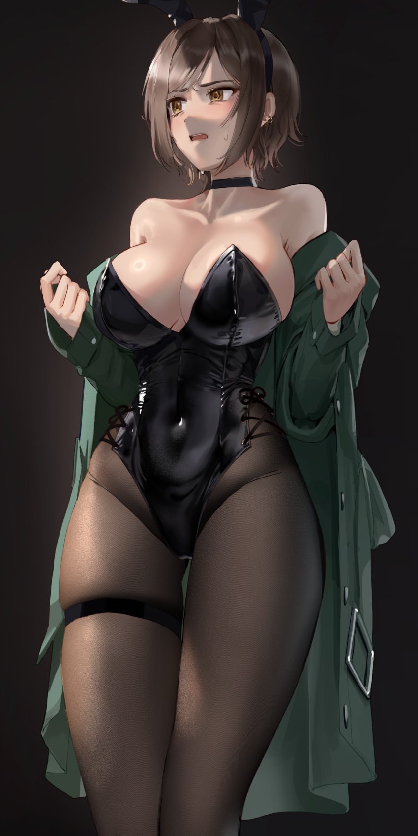 1girls animal_ears bare_shoulders big_breasts black_choker black_leotard black_pantyhose breasts brown_eyes brown_hair bunny_ears choker cleavage clothed collarbone covered_navel earrings fake_animal_ears goback green_jacket jacket jewelry leotard limbus_company outis_(limbus_company) pantyhose playboy_bunny project_moon short_hair solo solo_female strapless strapless_leotard sweatdrop thigh_gap thigh_strap thighs