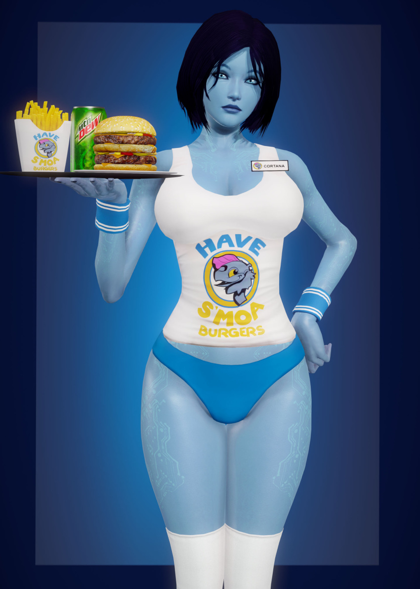 3d 3d_(artwork) 3d_model big_breasts blue_body blue_skin bob_cut breasts cortana curvaceous curvy curvy_female curvy_figure fast_food_uniform food halo_(series) hand_on_hip high_resolution highres holding_tray honey_select hooters_uniform kneehighs kneesocks meish name_tag panties serving_food simple_background solo solo_female tank_top uniform work_uniform wristband