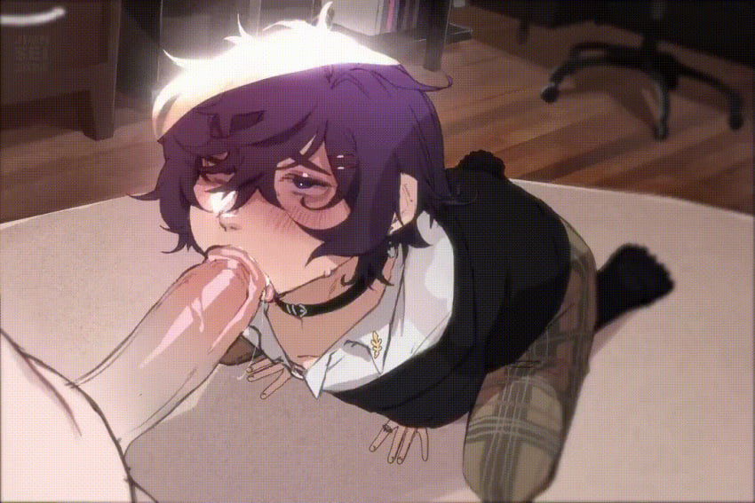 animated animated_gif fellatio feminine indie_virtual_youtuber jimnsei male_only offscreen_character purple_hair shoto shoto_(vtuber) skinny virtual_youtuber yaoi young