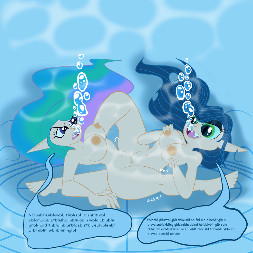 2girls aquaphilia belly_button breasts bubble colored dialogue elf_ears female females_only fetish flat_colors friendship_is_magic hasbro humanized large_breasts muffled_words my_little_pony nipples nudity princess_celestia_(mlp) queen_chrysalis_(mlp) sex show_accurate the1stmoyatia tribadism underwater underwater_sex water yuri