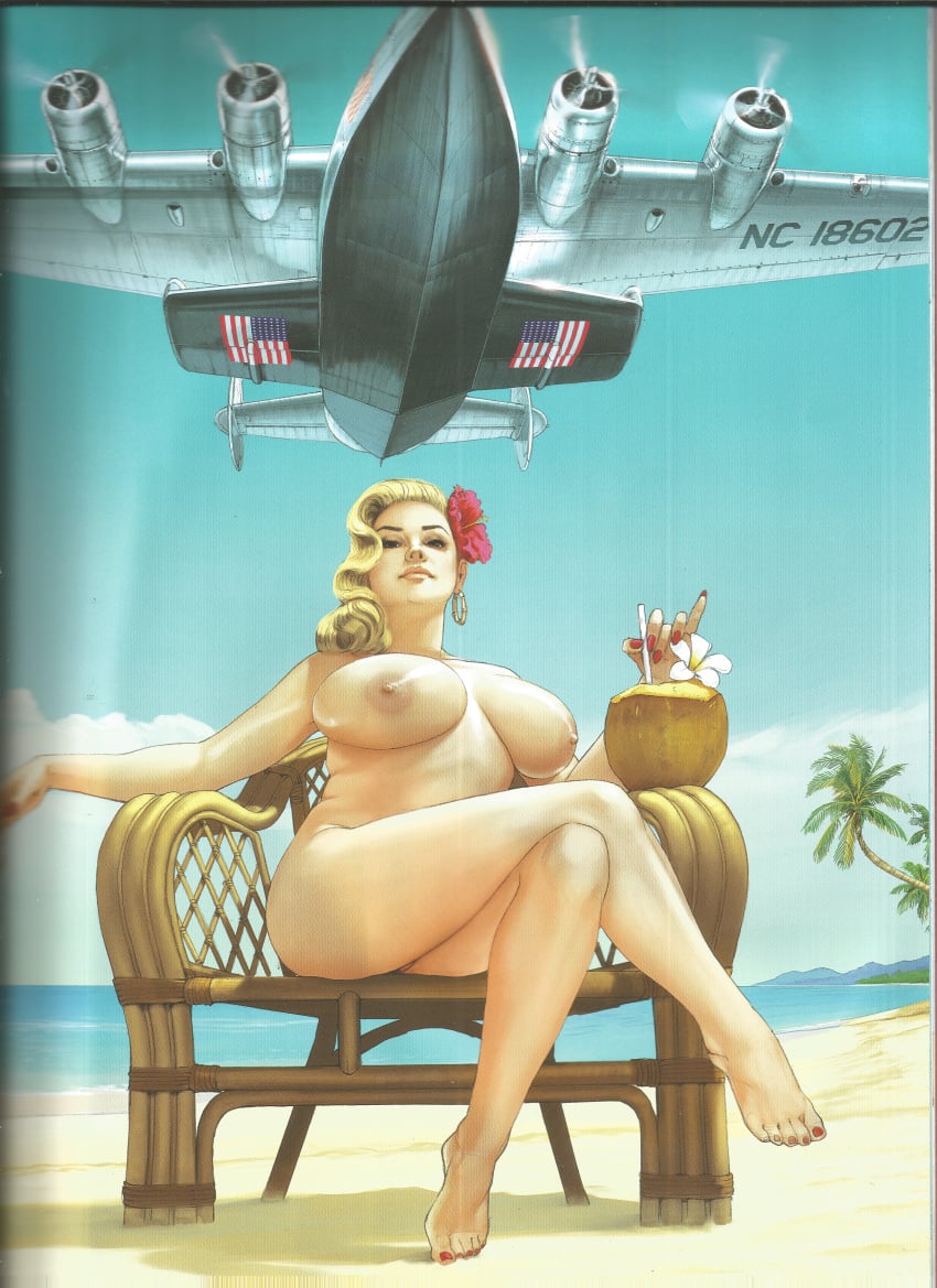 barefoot big_breasts blonde_hair feet female french huge_breasts looking_at_viewer one_piece_swimsuit painted_toenails pale_skin pinup romain_hugault toes voluptuous_female ww2