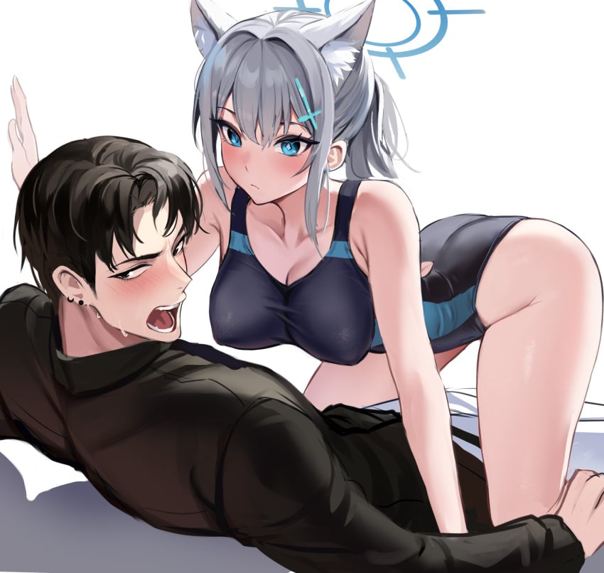 1boy 1girls absurd_res absurdres animal_ears armpits bare_arms bare_legs bare_shoulders bare_skin bare_thighs black_hair black_swimsuit black_swimwear blue_archive blue_eyes blue_eyes_female blush blushing_female breasts cat_ears cleavage collarbone dot_nose female female_focus fingers full_body hair_between_eyes halo high_resolution highres legs light-skinned_female light_skin male male/female medium_breasts nipples open_mouth shiroko_(blue_archive) shiroko_(swimsuit)_(blue_archive) shoulders sidelocks silver_hair silver_hair_female simple_background slender_body slender_waist slim_girl slim_waist stone_(ksorede) swimsuit swimwear thick_thighs thighs thin_waist white_background