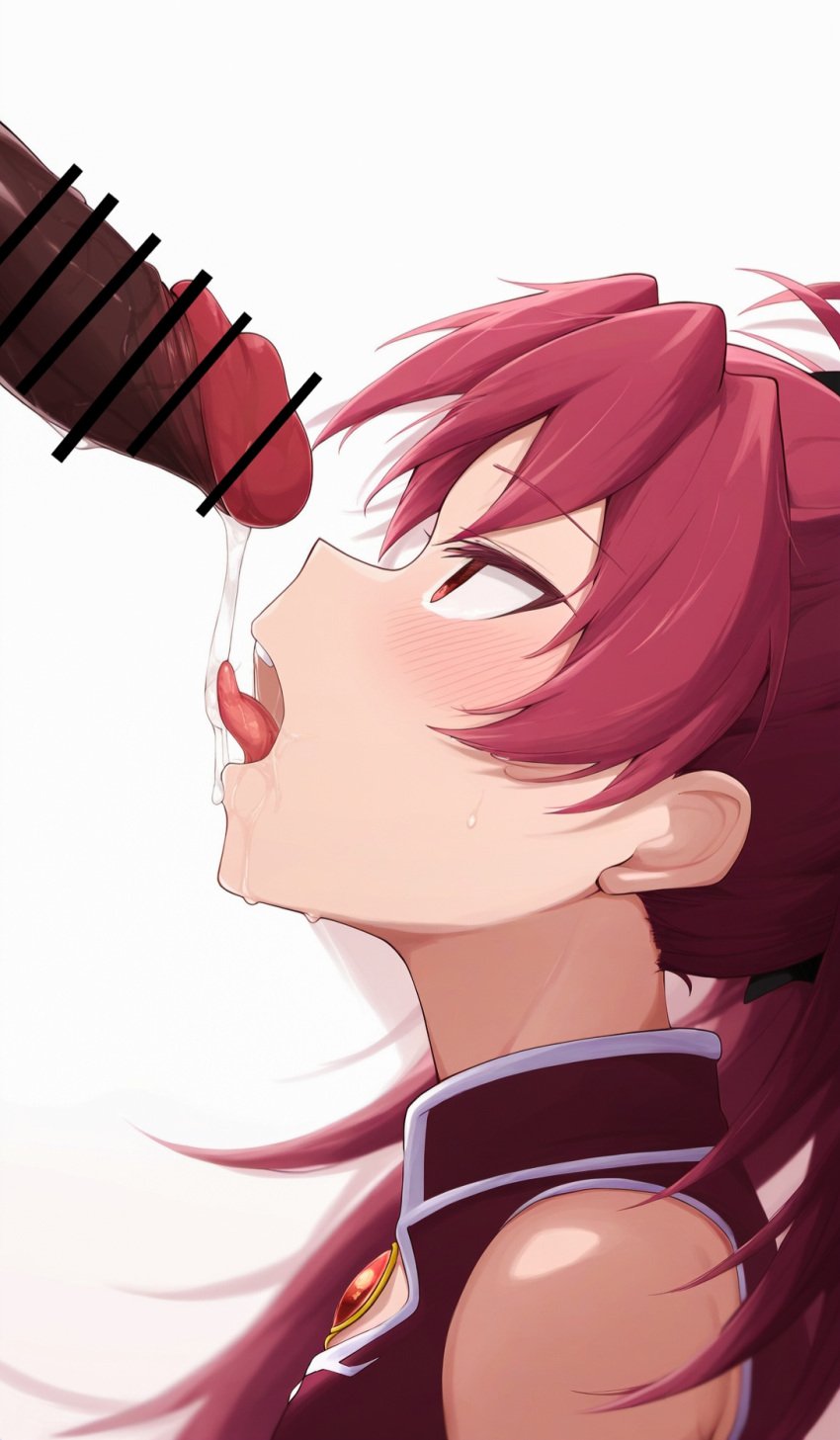 ai_generated black_ribbon blowjob censored_penis cock_hungry cock_worship dark-skinned_male fellatio hair_ribbon long_hair long_ponytail madoka_worship magical_girl magical_girl_outfit mahou_shoujo_madoka_magica open_mouth ponytail puella_magi_madoka_magica red_eyes red_hair sakura_kyouko