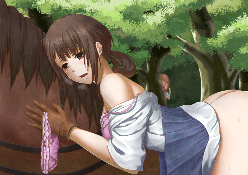 ass blush bow bow_panties bra breasts breath brown_eyes brown_hair cellphone gloves high_resolution hirotaka holding holding_panties horse masturbation miyamoto_konatsu multiple_girls off_shoulder open_mouth panties panties_removed peeking_out phone pink_bra pink_panties sawa_okita skirt strap_slip sweat tari_tari tied_hair tree twintails underwear zoophilia