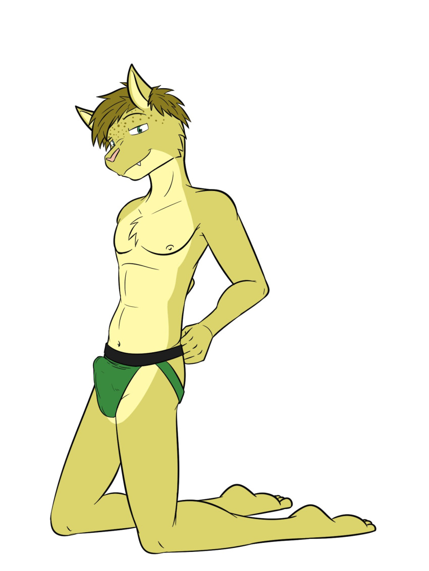 3:4 adam_caro anthro clothed clothing erection erection_under_clothing felid feline fuze hi_res jockstrap jockstrap_only kneeling lynx male mammal navel nipples simple_background solo texnatsu topless underwear underwear_only white_background