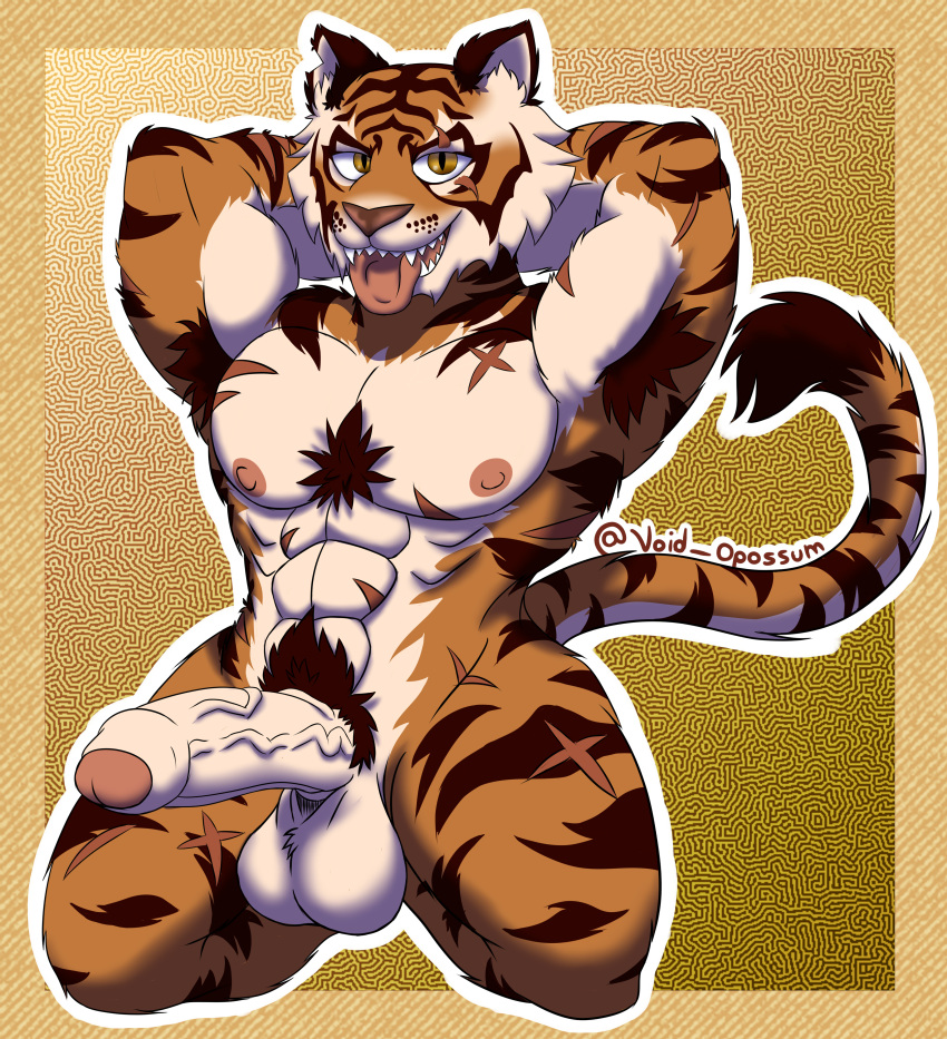 absurd_res anthro balls bedroom_eyes bengal_tiger big_balls big_penis body_hair body_stripes epic_games eye_scar facial_scar felid foreskin fortnite fur genitals hi_res huge_balls huge_cock humanoid male mammal muscular muscular_anthro muscular_male narrowed_eyes nipples orange_body orange_fur oscar_(fortnite) pantherine penis pubic_fuzz scar seductive simple_background solo thick_thighs tiger tongue tongue_out void_opossum