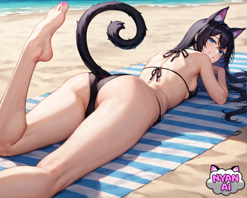 2d ai_assisted ai_generated ass ass_focus ass_up athletic back_view beach beach_towel bikini bikini_bottom bikini_top black_bikini black_bikini_top black_hair blue_eyes bra cat_girl catgirl cleavage cosplay curvy_female female female_focus fit_female girl humanoid looking_at_viewer looking_back lying lying_down lying_on_stomach mature_female mature_woman micro_bikini micro_bikini_bottom micro_bikini_top midriff neko nekomimi nyan_ai nyanai outfit pale_skin pose sand sfw shiny_skin thick_thighs water white_skin