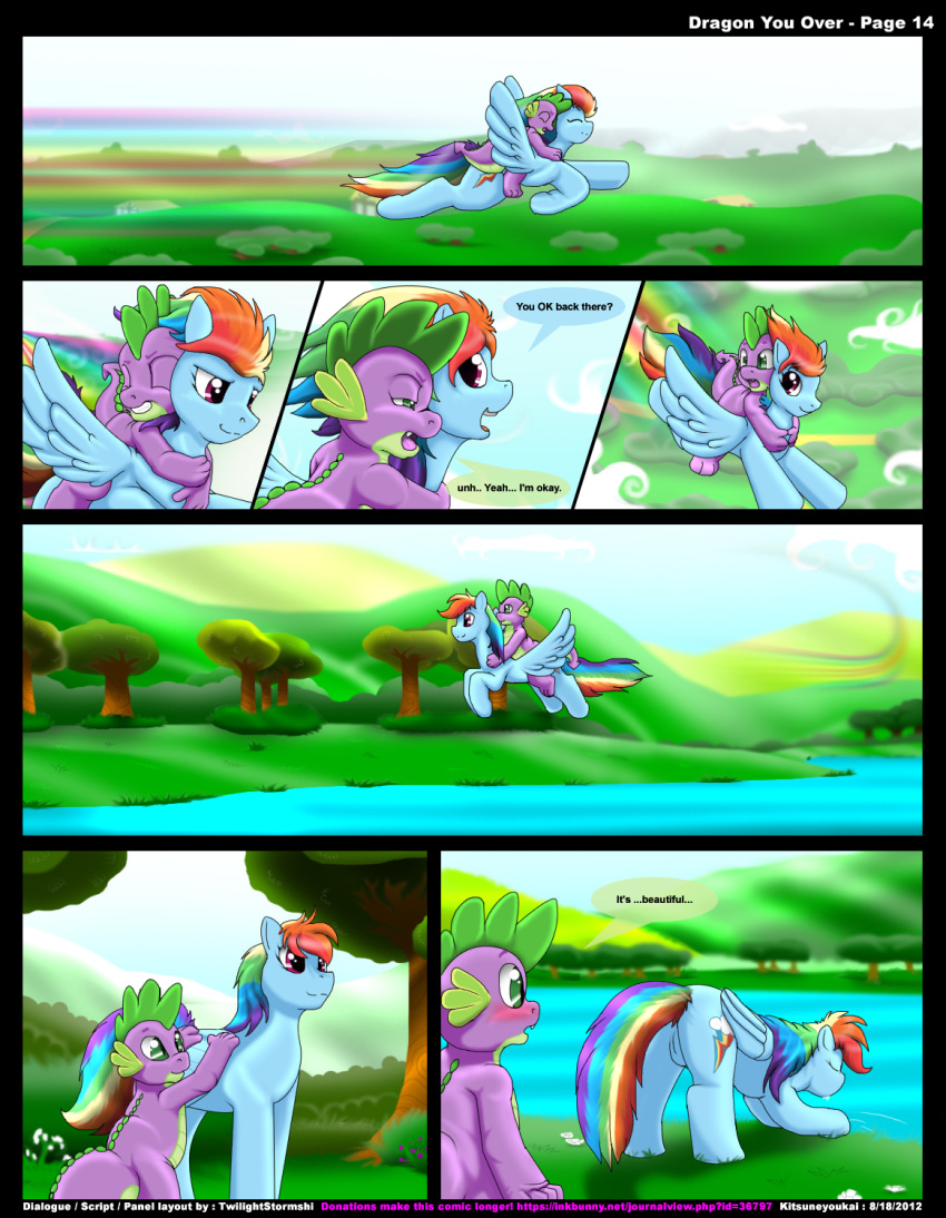 2012 blush color comic cutie_mark day dialogue dragon dragon_you_over_(kitsune_youkai) english_text equine female flying friendship_is_magic fur hair kitsune_youkai male multicolored_hair my_little_pony outdoors page_14 pegasus pussy rainbow_dash_(mlp) rainbow_hair smooth_skin spike_(mlp) text wings