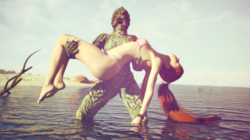 1girls 3d bikini bridal_carry green_skin monster original pink_bikini ponytail red_hair swimsuit ultimate-clash