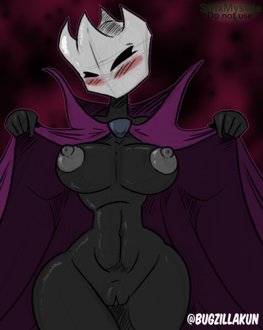 2023 4:5 5_fingers areola arthropod belly black_breasts black_eyes black_neck black_thighs blush blush_lines breasts bugzilla cape clothed clothing clothing_lift curvy_figure digital_media_(artwork) emilitia female fingers flashing genitals green_text grey_areola grey_nipples hi_res hollow_knight horn multi_horn nipples noble nude nude_female presenting pussy red_text solo strixmystria team_cherry text thick_thighs weird white_text wide_hips