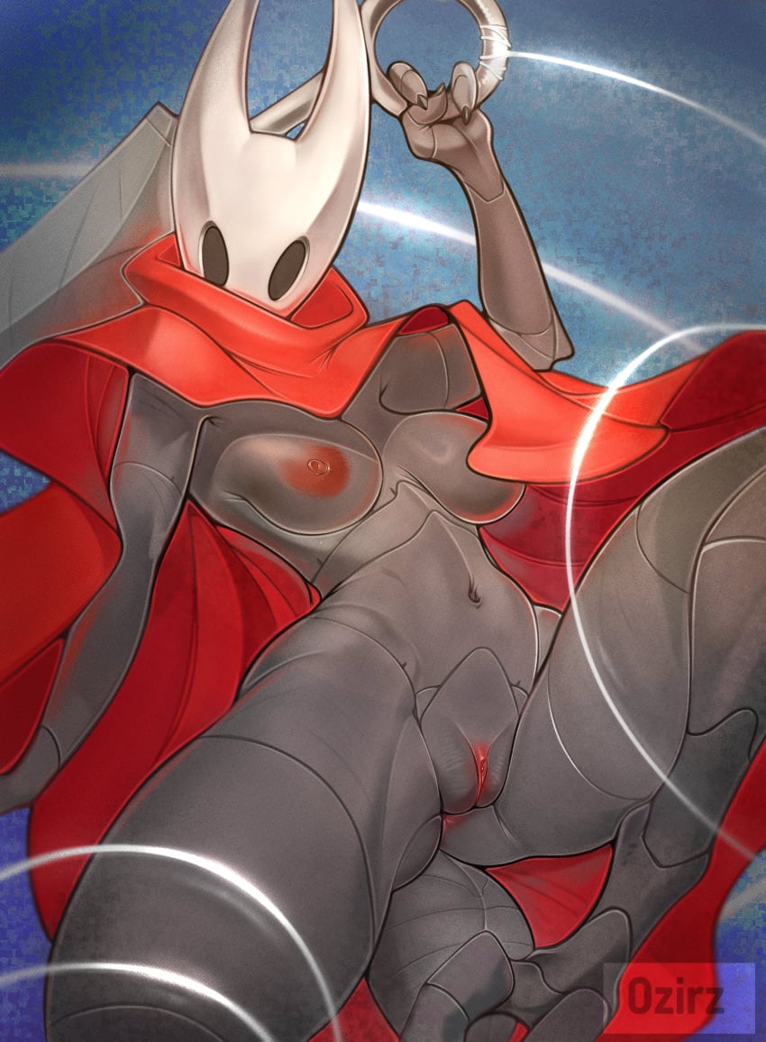 2_horns 2_toes 3_fingers absurd_res anthro anus areola arthropod arthropod_abdomen black_body breasts cape cape_only clothing feet female fingers genitals hi_res holding_object holding_weapon hollow_knight horn hornet_(hollow_knight) mostly_nude navel nipples non-mammal_breasts non-mammal_navel non-mammal_nipples ozi-rz pose presenting presenting_pussy pussy red_areola red_cape red_clothing red_nipples segmented_body signature silk simple_background solo spread_legs spreading team_cherry toes weapon