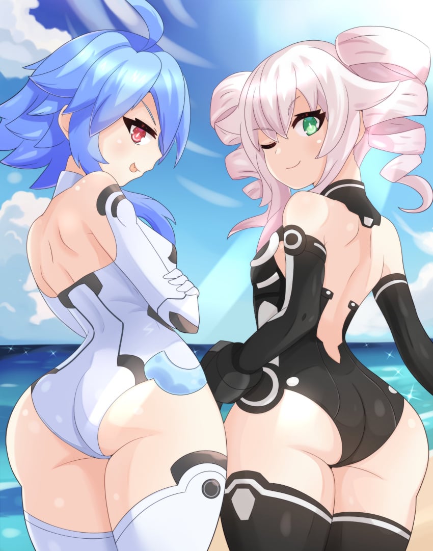 2girls ass ass_focus black_sister blanc blue_hair bodysuit compile_heart dat_ass green_eyes huge_ass idea_factory looking_at_viewer neptunia_(series) pov red_eyes thick_thighs twintails uni_(neptunia) white_hair white_heart_(neptunia)