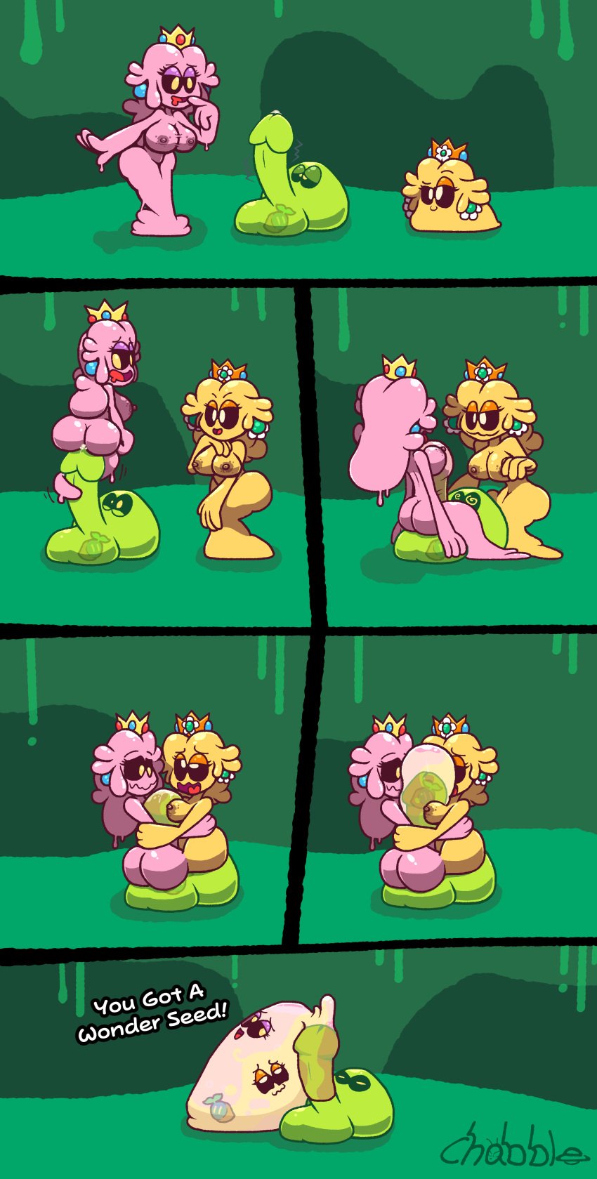 alternate_form breasts chabble comic crown cum cum_inside cumflated_belly cumflation english_text huge_cock large_ass large_breasts large_insertion large_penis living_condom mario_(series) monster penis princess_daisy princess_daisy_(wubba) princess_peach princess_peach_(wubba) see-through slime slime_girl slime_monster stretched super_mario_bros._wonder testicles text what wonder_seed wubba