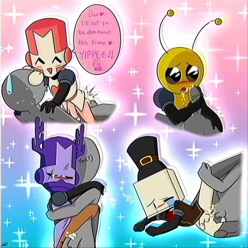 1990s_(style) alien_hominid alien_hominid_(character) battleblock_theater big_head blacksmith_(castle_crashers) blowjob castle_crashers gay hatty_hattington kokoro_hatsaru male male_only newgrounds pink_knight retro_artstyle sparkles tagme toony vhs_filter yaoi