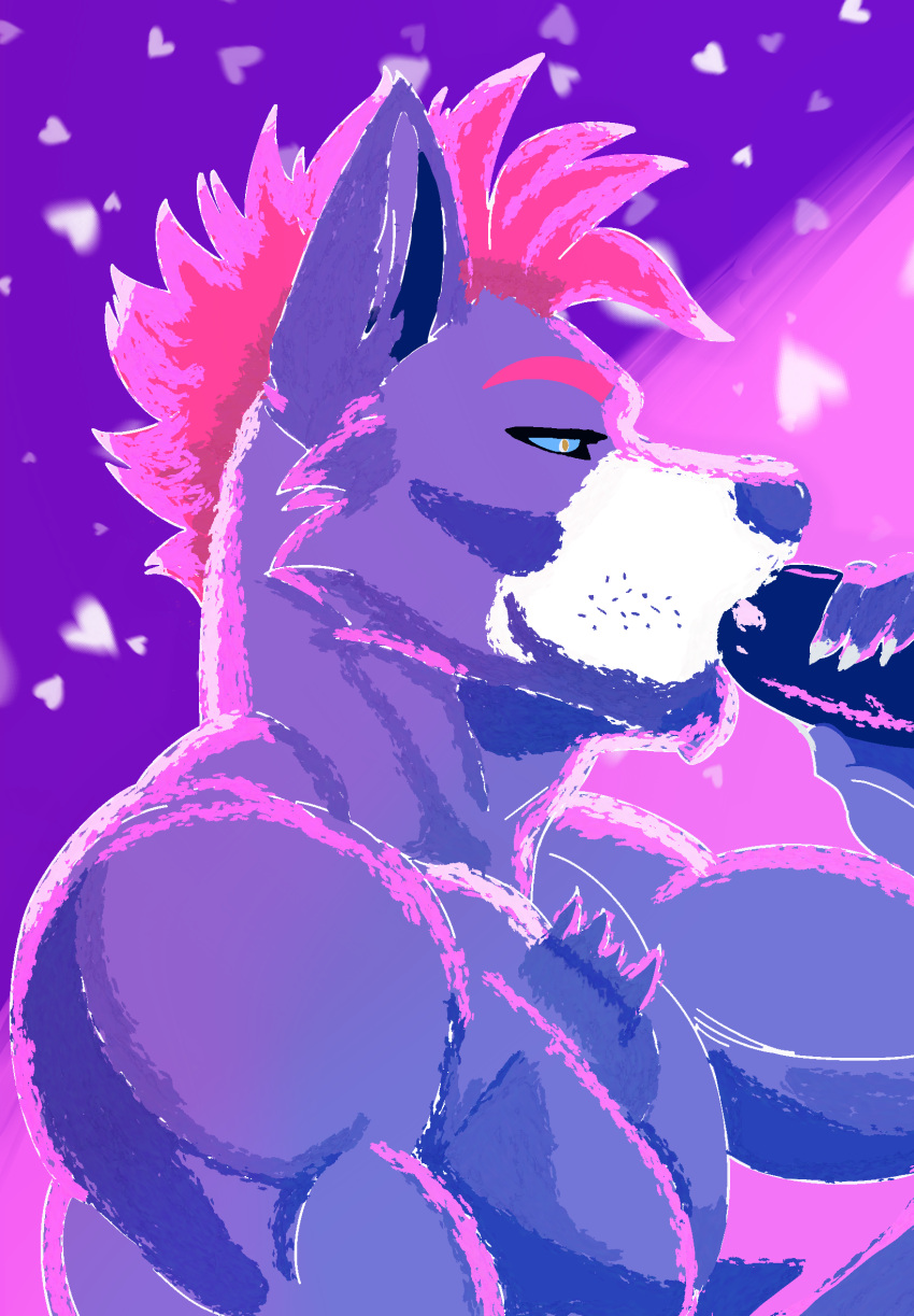 anthro black_penis body_hair bright_colors canid canine canis chest_hair daddytwinkle duo erection fellatio genitals heart_symbol hi_res male male/male male_anthro mammal mohawk nightclub oral penile penis sex shaded solo_focus wolf