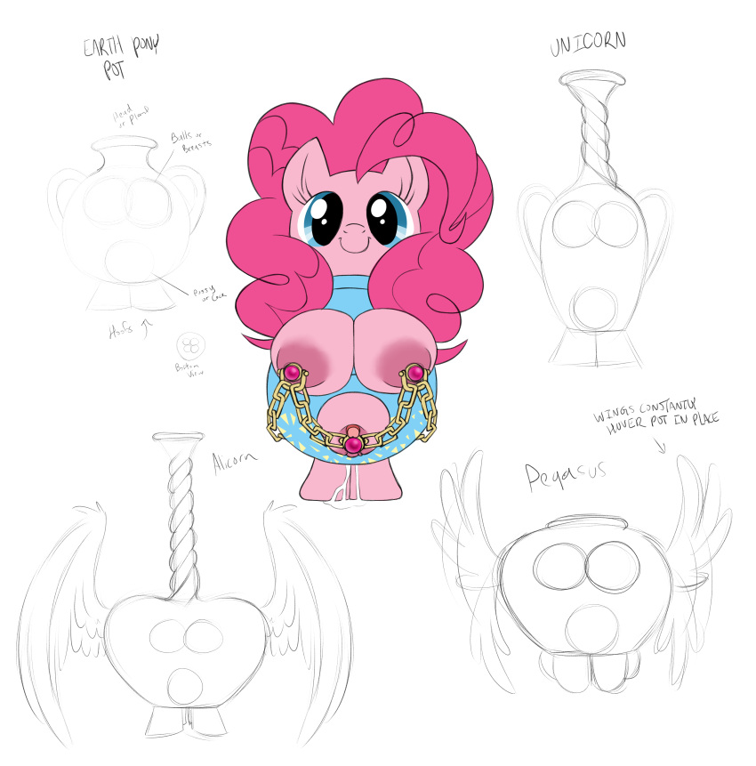 absurd_res anthro breasts breasts_touching_each_other chains clitoris clitoris_to_nipple contraption_concept female feral friendship_is_magic genitals hasbro hi_res ladypot my_little_pony nipple_piercing nipples piercing pinkie_pie_(mlp) pussy ring_around_nipple smile solo wtfponytime