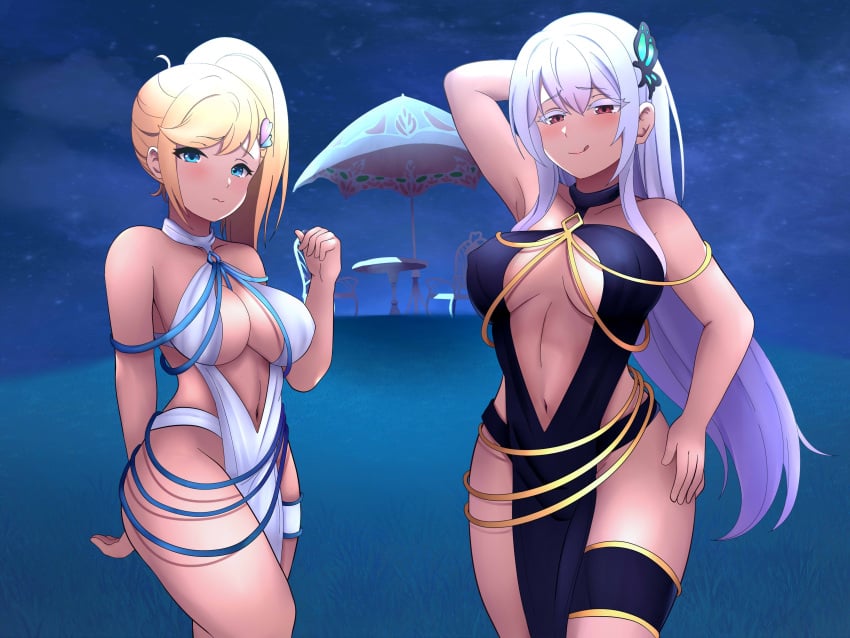 2girls bare_breasts bare_shoulders bare_thighs big_breasts blonde_hair echidna_(re:zero) light-skinned_female light_skin long_hair minerva_(re:zero) re:zero_kara_hajimeru_isekai_seikatsu silver_hair smug tights witch