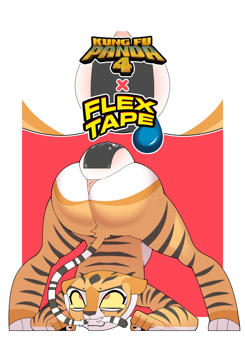 absurd_res anthro anus ass birth birth_denial blocked_birth bodily_fluids dreamworks felid female flex_tape furry genitals hi_res kung_fu_panda logo mammal master_tigress pantherine pr-egg-nant pregnant pregnant_female pussy pussy_tape solo tail tape tears teeth tiger