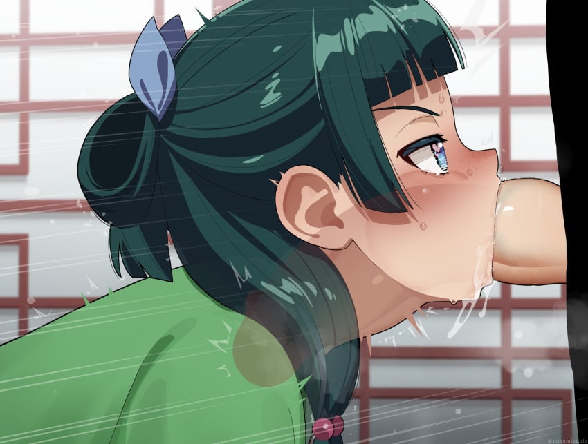 1boy absurdres blue_eyes commentary_request decensored deepthroat fellatio female green_hair heart heart-shaped_pupils highres kusuriya_no_hitorigoto maomao_(kusuriya_no_hitorigoto) mizumizuni oral penis profile saliva solo_focus symbol-shaped_pupils uncensored upper_body