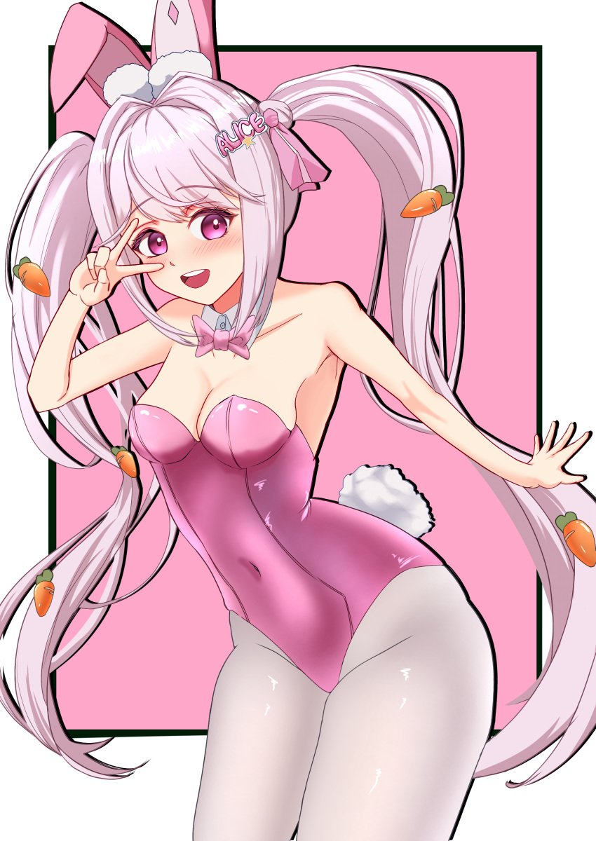 1girls alice_(nikke) alice_(wonderland_bunny)_(nikke) blush breasts bunny_ears bunnysuit cleavage female_only goddess_of_victory:_nikke hips open_mouth peace_sign pink_eyes simple_background thighs twintails upper_teeth white_hair