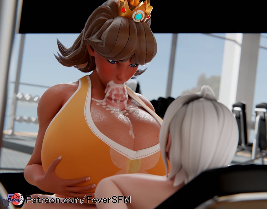 1boy 1girls 3d 3d_(artwork) big_breasts big_penis blowjob boobjob breasts brown_hair crown cum cumming cumming_in_mouth female female_on_femboy femboy femboy_on_female feversfm huge_cock hung_femboy indoors male male/female mario_(series) original_character paizuri penis princess_daisy scrag_boy scraggle scraggy_(artist) short_hair straight titfuck titjob trap twink unseen_male_face white_hair