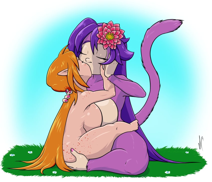 accessory anthro big_breasts breast_squish breasts breasts_frottage duo felicia_(tahlian) female female/female flower flower_in_hair fur hair hair_accessory haplorhine hi_res humanoid humanoid_on_anthro ian_comics interspecies kiki_(tahlian) kissing mammal monkey nude plant primate purple_body purple_fur purple_hair squish thick_thighs