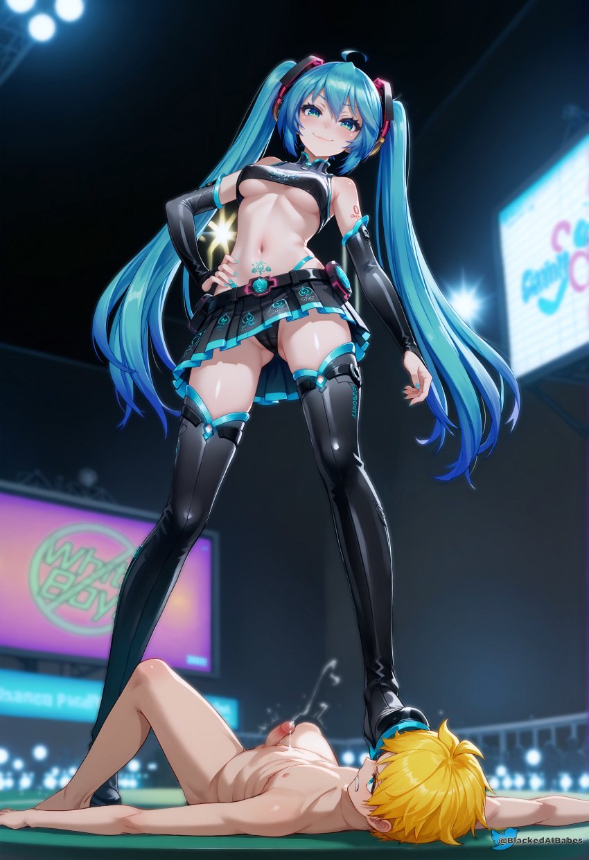 1boy 1girls ai_generated aqua_eyes aqua_hair blackedaibabes breasts cameltoe concert cuckold femdom from_below hatsune_miku humiliated humiliation kagamine_len light-skinned_female light_skin looking_at_viewer male mini_skirt nipples qos queen_of_spades skirt small_penis small_penis_humiliation smile smug smug_face sph stepped_on twintails uncensored upskirt vocaloid voluptuous