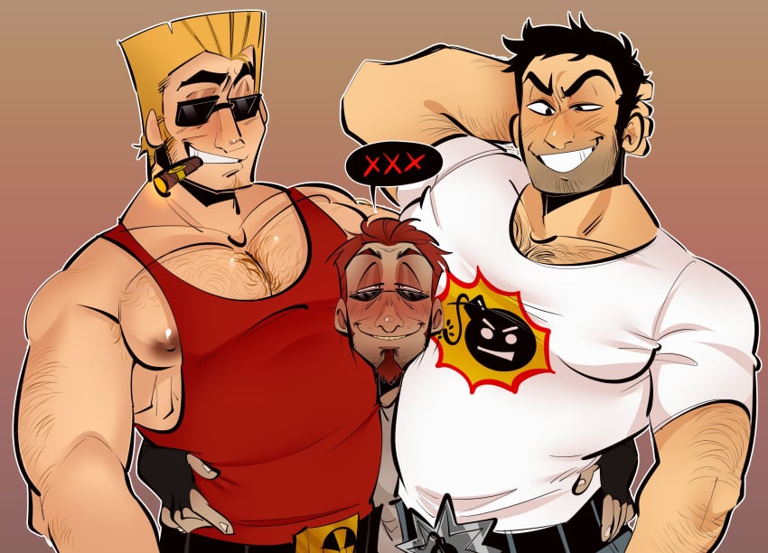 bara bara_tiddies bara_tits barazoku bileshroom blush chest_hair cigar clothed dad_bod dilf duke_nukem duke_nukem_(series) fanart hairy_chest hairy_male himbo imminent_sex male/male/male male_focus male_only meme multiple_boys multiple_males muscles muscular muscular_male no_visible_genitalia pecs pinup postal_(series) postal_dude safe_for_work sam_stone sandwiched serious_sam shitpost skinny_male sunglasses tank_top toned toned_body toned_male