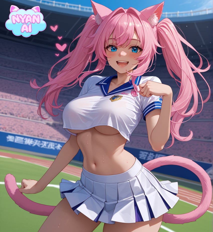 1girls 2d ai_assisted ai_generated athletic belly belly_button big_breasts blue_eyes breasts cat_ears cat_girl cat_tail catgirl cheerleader cheerleader_costume cheerleader_outfit cheerleader_uniform cleavage cosplay curvy_female excited female female_focus fit_female front_view girl heart hearts_around_head huge_breasts humanoid legs_apart light_skin looking_at_viewer mature_female mature_woman midriff midriff_baring_shirt miniskirt navel neko nyan_ai nyanai open_mouth outfit pale_skin pink_hair pose school_girl sfw shiny_skin skirt solo standing standing_female thick_thighs underboob