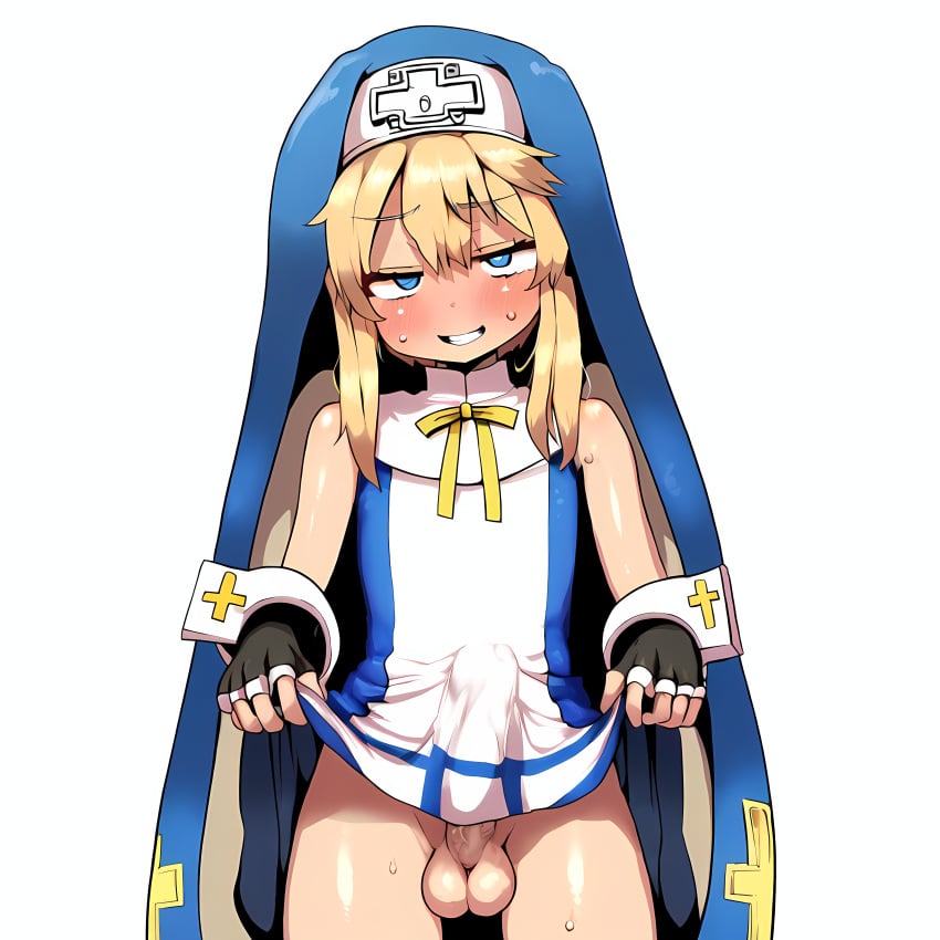 1boy absurdres ai_generated blush bridget bright_mirage bulge clothes_lift dress dress_lift erection erection_under_clothes fingerless_gloves gloves guilty_gear guilty_gear_xx habit head_tilt highres male_focus medium_hair no_panties otoko_no_ko penis simple_background sleeveless testicles thigh_gap thighs wrist_cuffs