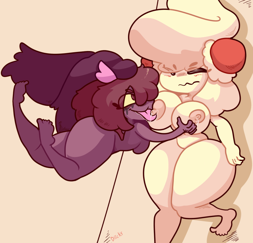 absurd_res alcremie anthro areola big_breasts blush bodily_fluids breast_milking breast_play breast_sucking breastfeeding breasts closed_eyes cream_(diicks) digital_media_(artwork) diicks duo feet female female/female fingers food food_creature food_hair fruit generation_4_pokemon generation_8_pokemon ghost hair hi_res lactating licking malpo_(kiss_the_carrot) milk mismagius nintendo nipple_fetish nipple_lick nipple_play nipples nude one_eye_obstructed plant pokemon pokemon_(species) pseudo_hair red_eyes shaded simple_background smile spirit sucking thick_thighs tongue tongue_out wide_hips yellow_sclera