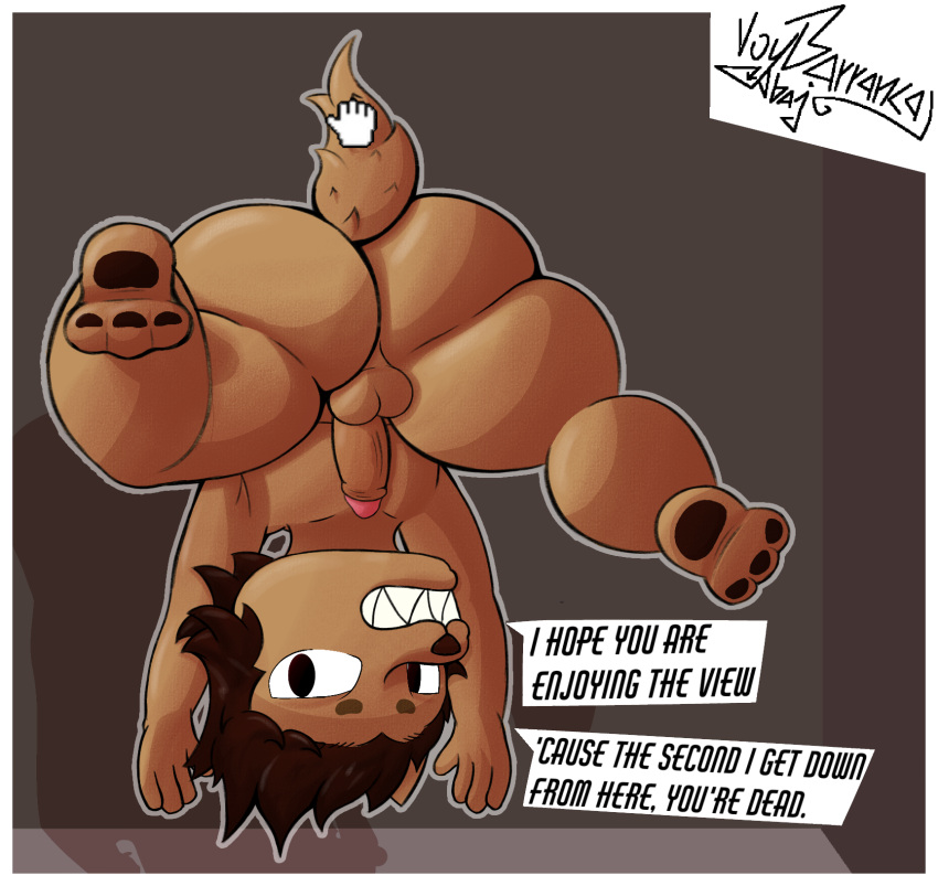 allkuray angry anthro ass balls big_butt black_eyes brown_body brown_fur brown_hair canid canine canis clenched_teeth digital_media_(artwork) domestic_dog english_text fur genitals hair half-erect held_by_tail hi_res lifted_by_tail looking_away male mammal misleading_thumbnail mouse_cursor nude outline penis showing_teeth simple_background solo speech_bubble tail tail_grab teeth text thick_thighs upside-down voy_barranca_abajo