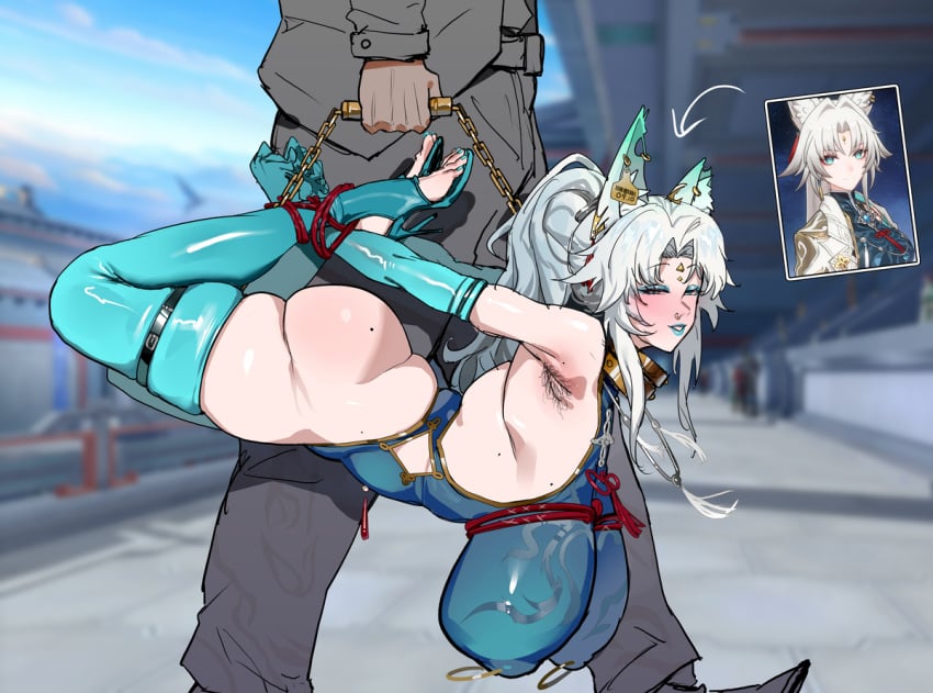 artist_request big_ass big_breasts blue_lipstick bondage collar curvy_female curvy_figure cyan_lipstick ear_piercing feixiao_(honkai:_star_rail) grey_hair hairy_armpits heels honkai:_star_rail honkai_(series) latex_gloves latex_thighhighs mole_on_ass mole_on_breast nose_piercing piercings tagme tied_up