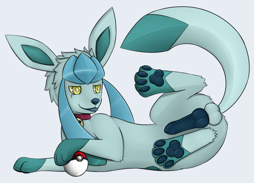 ace barefoot blue_fur blue_penis collar color erection feral forepaws fur glaceon hindpaw knot lying male male_only nude paws penis plain_background poke_ball pokemon presenting raised_tail side_view solo testicles tongue white_pupils yellow_eyes zeonart