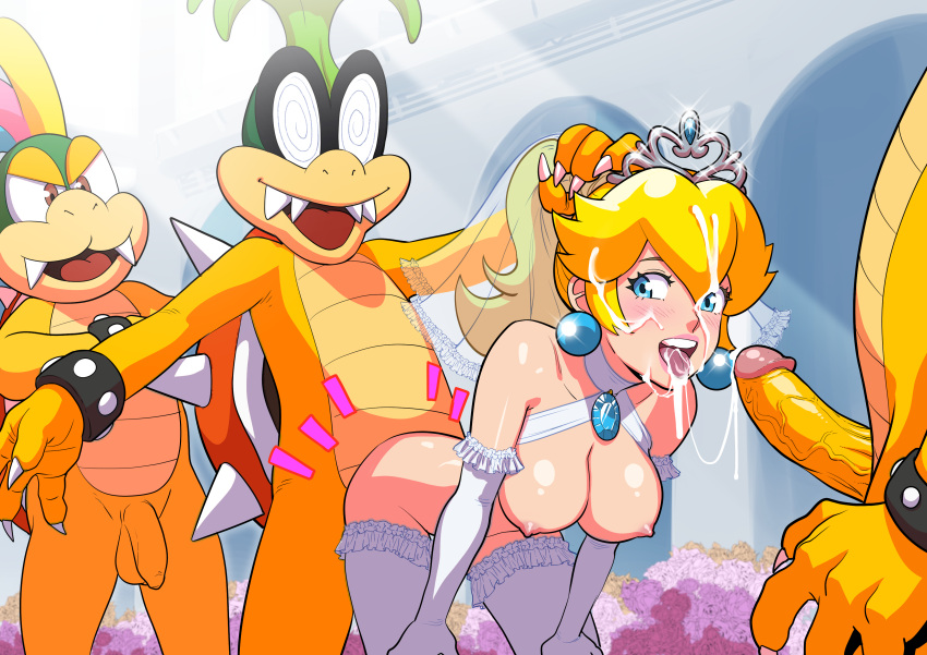 1girls 3boys bent_over blonde_hair blue_eyes blush bowser cheating cheating_on_wedding_day cleavage cuckold cum cum_in_mouth cum_on_face cum_on_hair cumshot deep_penetration ear_piercing earrings footwear hair_between_eyes hanging_breasts iggy_koopa koopalings large_breasts lemmy_koopa long_hair long_sleeves male mario_(series) markings mmf_threesome multiple_penises netorare nipples ntr open_mouth penetration penis ponytail princess_peach pussy sex sex_from_behind sleeves_past_elbows super_mario_bros. super_mario_odyssey tekuho tiara tongue tongue_out uncensored uncensored_breasts uncensored_penis wedding_dress wedding_lingerie wedding_veil white_legwear white_sleeves white_stockings