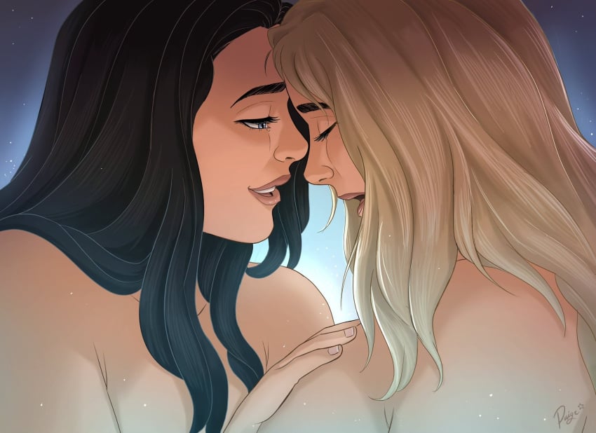 2girls black_hair blonde_hair breasts female_only florence_pugh hailee_steinfeld hand_on_breast kate_bishop leaning_back marvel multiple_girls naked naked_females nude_females paigesofart yelena_belova yuri